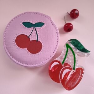 Cherry Zip up Pouch Coin Purse With Hair Clip . Valentine Gift NWOT